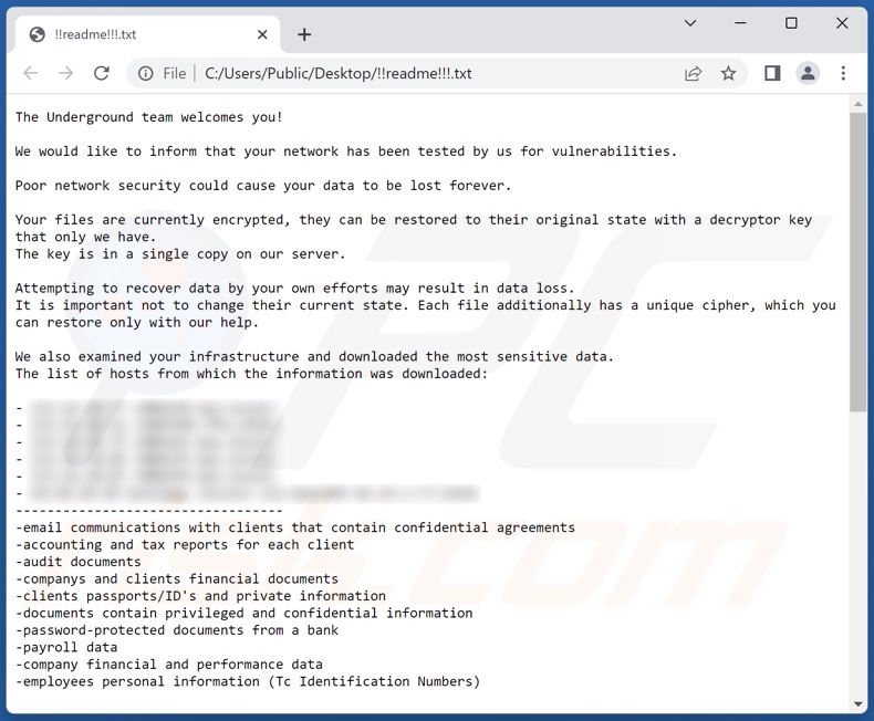Underground Team ransomware ransom note (!!readme!!!.txt)