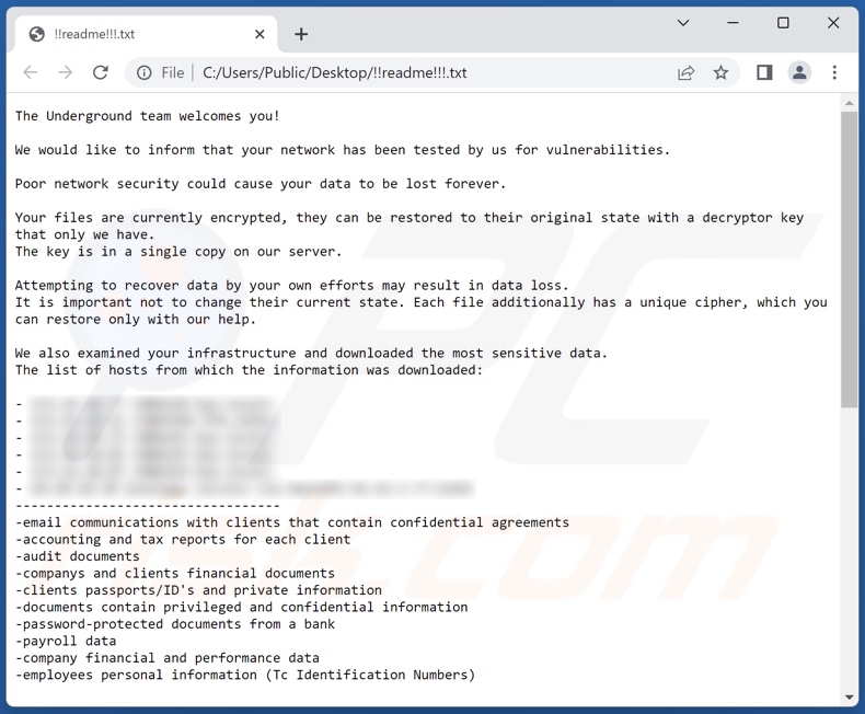 Underground Team ransomware ransom note (!!readme!!!.txt)