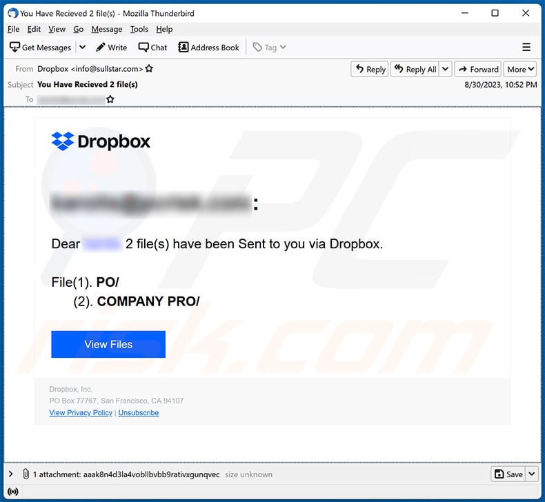 A File Was Shared With You Via Dropbox escroquerie par courriel (2023-08-31)