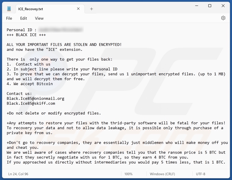 BLACK ICE ransomware ransom note (ICE_Recovey.txt)