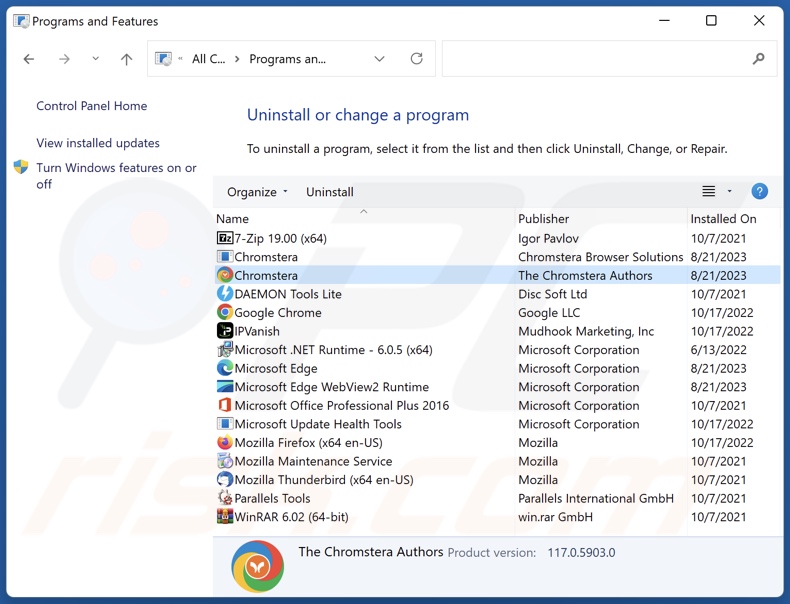 Chromstera browser uninstall via Control Panel