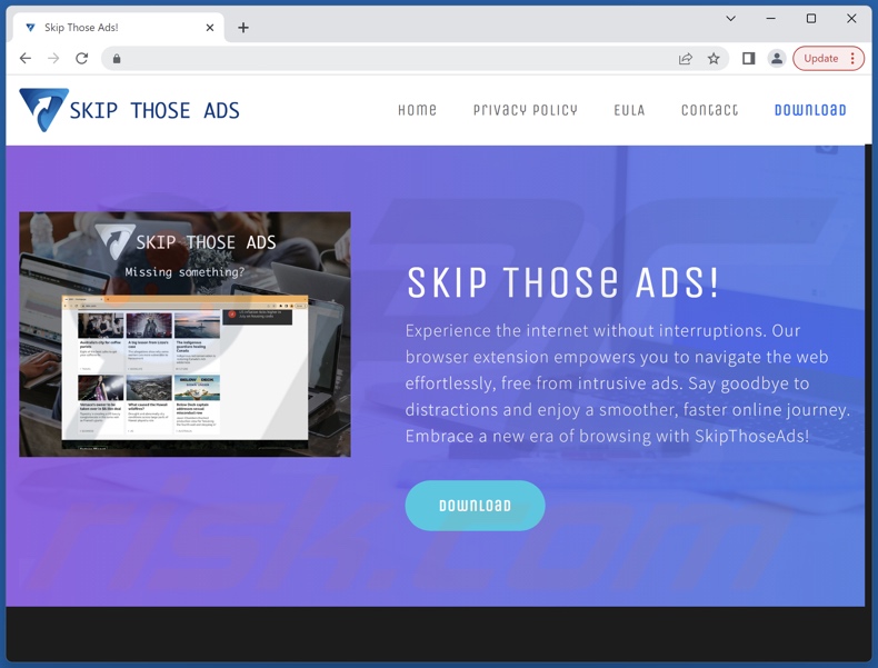 Website promoting Skip Those Ads adware