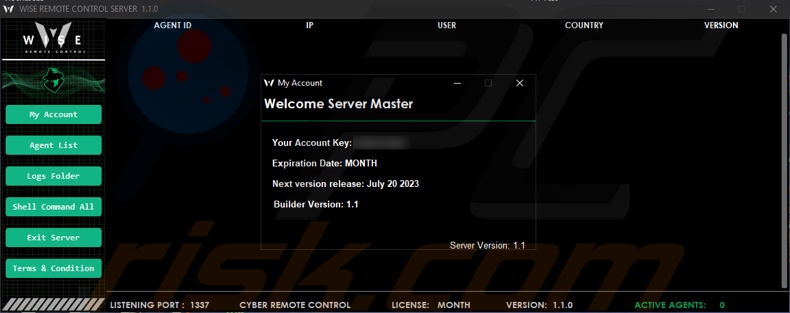 Wise Remote stealer malware panneau d'administratio