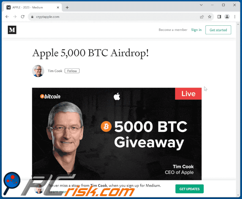 Apparence de Apple Crypto Giveaway scam