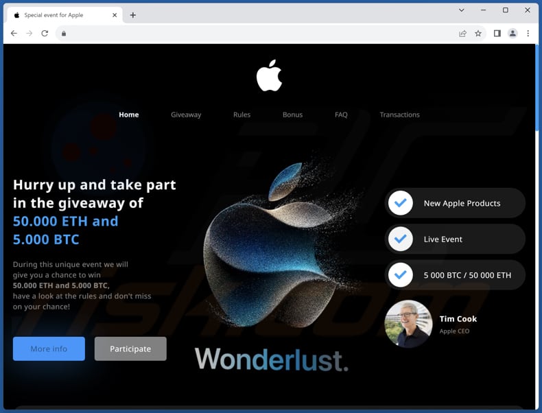 Apple Crypto Giveaway POP-UP scam deuxième variante