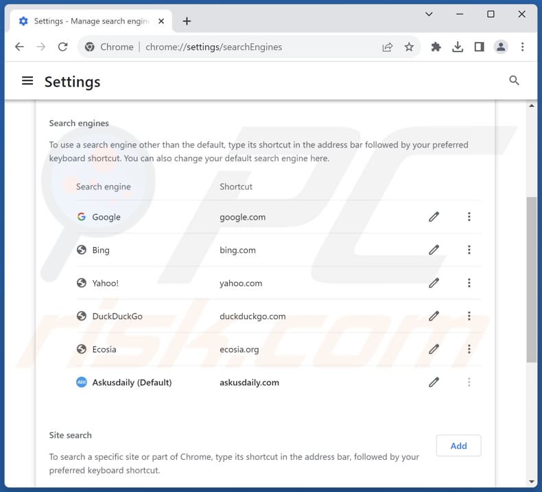 Suppression de Askusdaily.com du moteur de recherche par défaut de Google Chrome