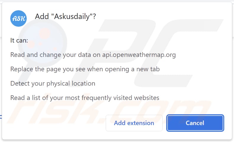 Permissions demandées par le pirate de navigateur Askusdaily