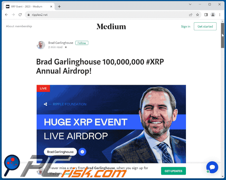 Apparence de l'arnaque pop-up Brad Garlinghouse Crypto Giveaway