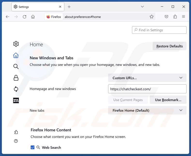 Suppression de chatcheckext.com de la page d'accueil de Mozilla Firefox