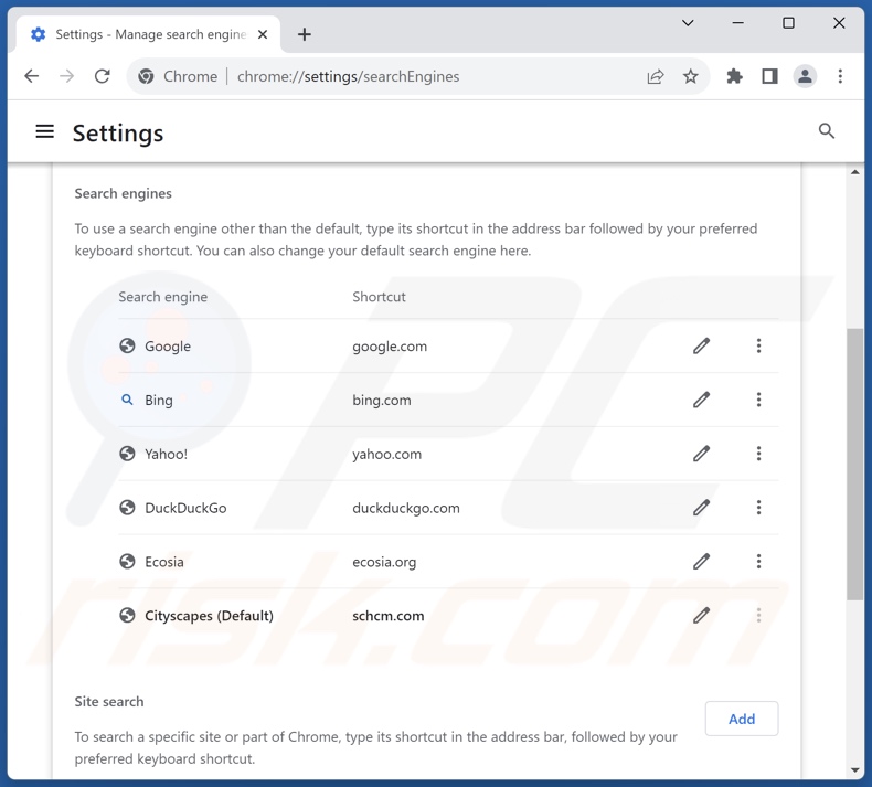 Suppression de schcm.com du moteur de recherche par défaut de Google Chrome