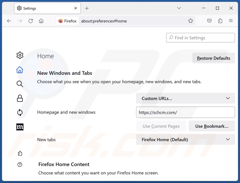 Suppression de schcm.com de la page d'accueil de Mozilla Firefox
