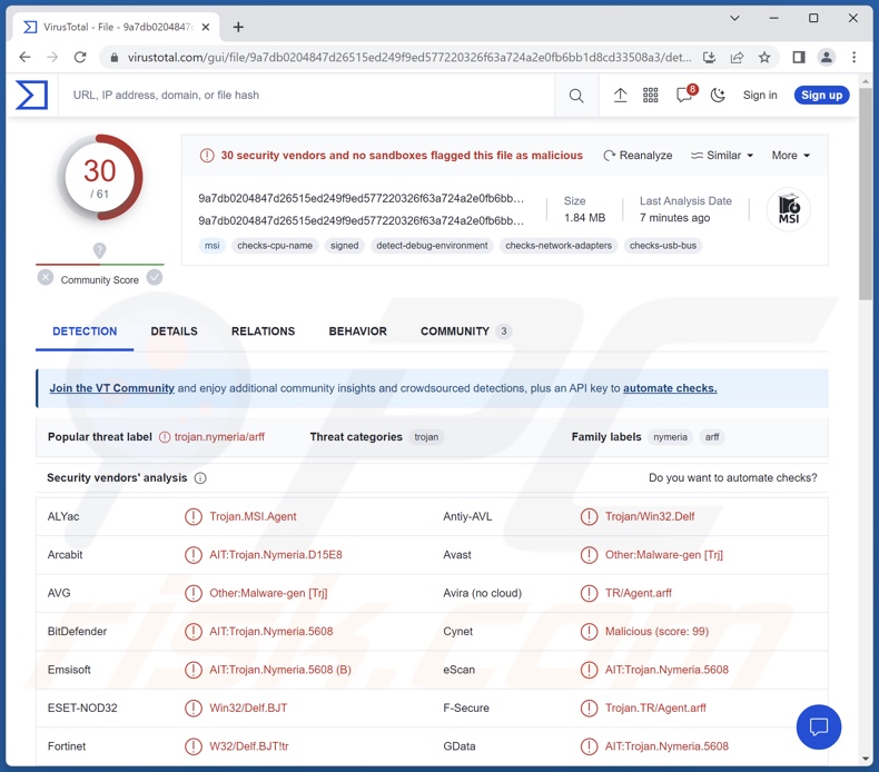 DarkGate malware détections sur VirusTotal