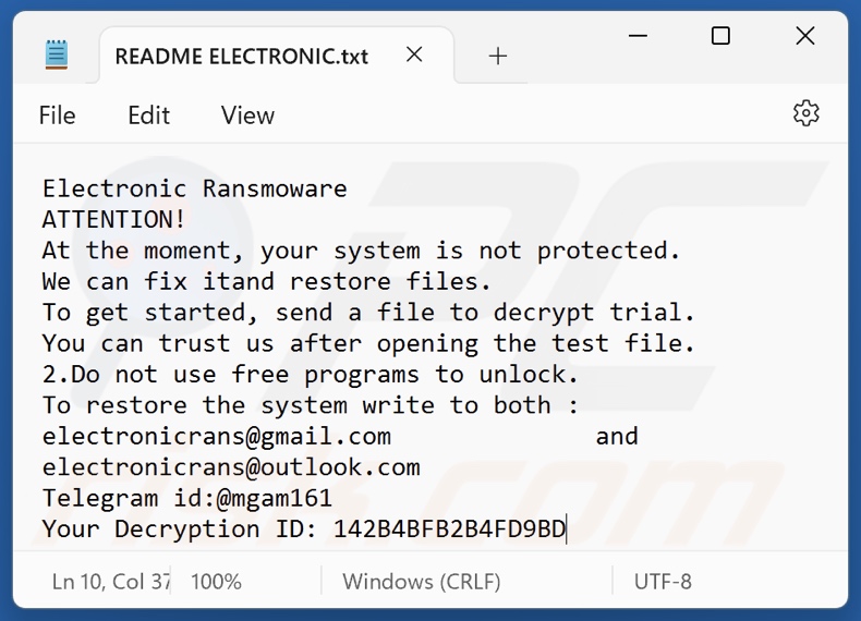 fichier texte du rançongiciel Electronic (README ELECTRONIC.txt)