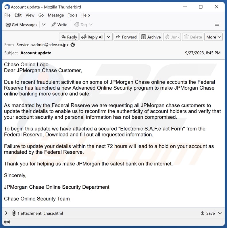 Courriel Arnaque JPMorgan Chase Online Security Department