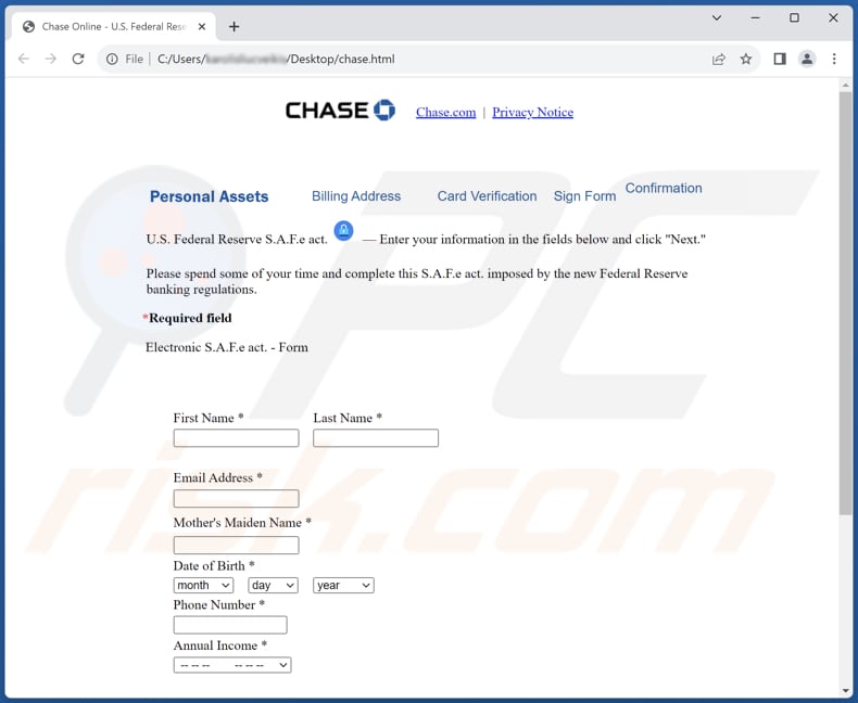 Faux formulaire joint à ce courriel JPMorgan Chase Online Security Department