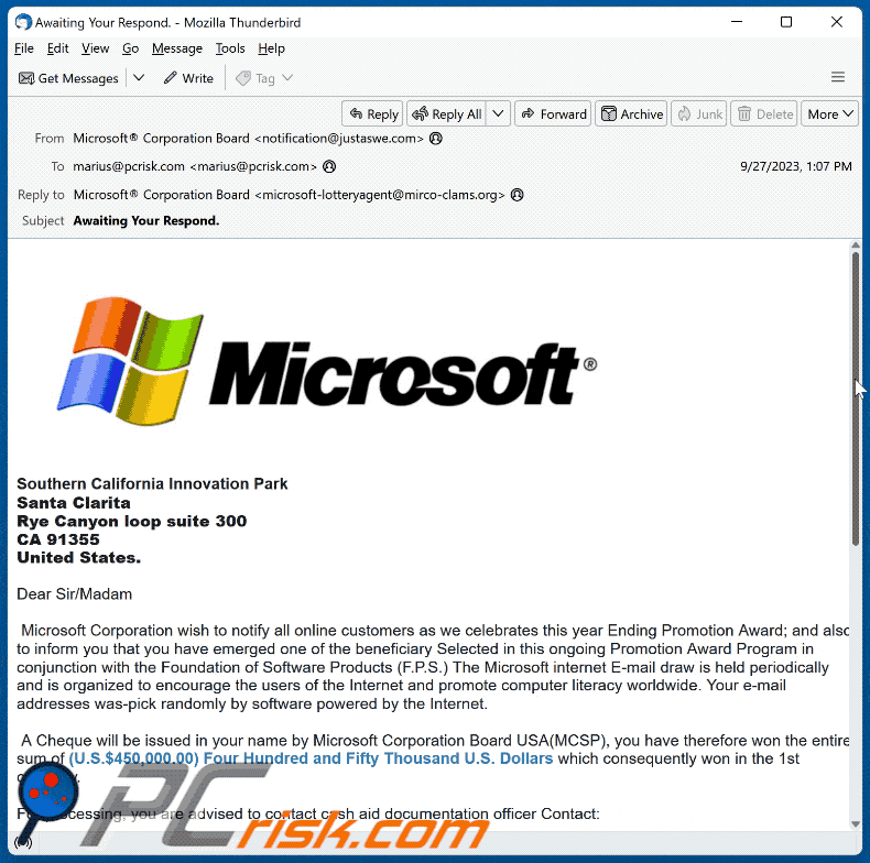 Apparence du courriel frauduleux Microsoft Ending Promotion Award