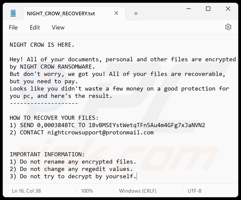 Fichier texte du rançongiciel NIGHT CROW (NIGHT_CROW_RECOVERY.txt)