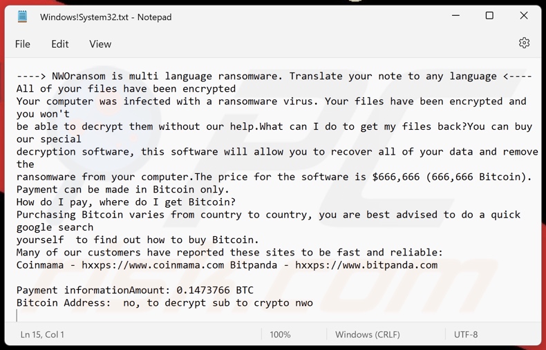 NWOransom ransomware ransom note (Windows!System32.txt)