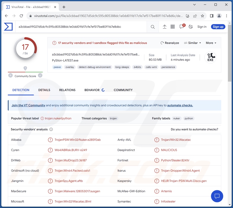 PySilon détections de logiciels malveillants sur VirusTotal