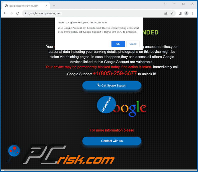 Apparence de Your Google Account Has Been Locked! scam (GIF)