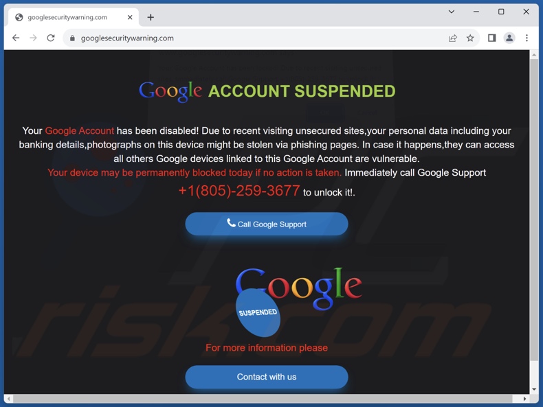 la page d'arrière-plan de l'escroquerie Your Google Account Has Been Locked! scam