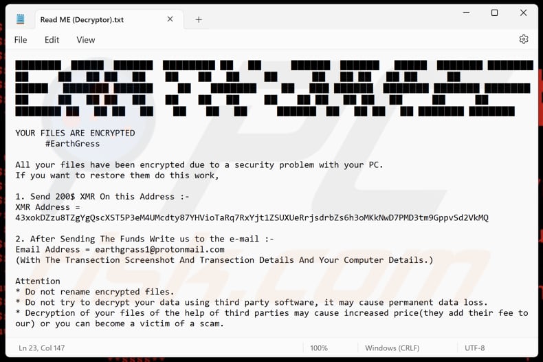 Fichier texte du rançongiciel EARTH GRASS (Read ME (Decryptor).txt)