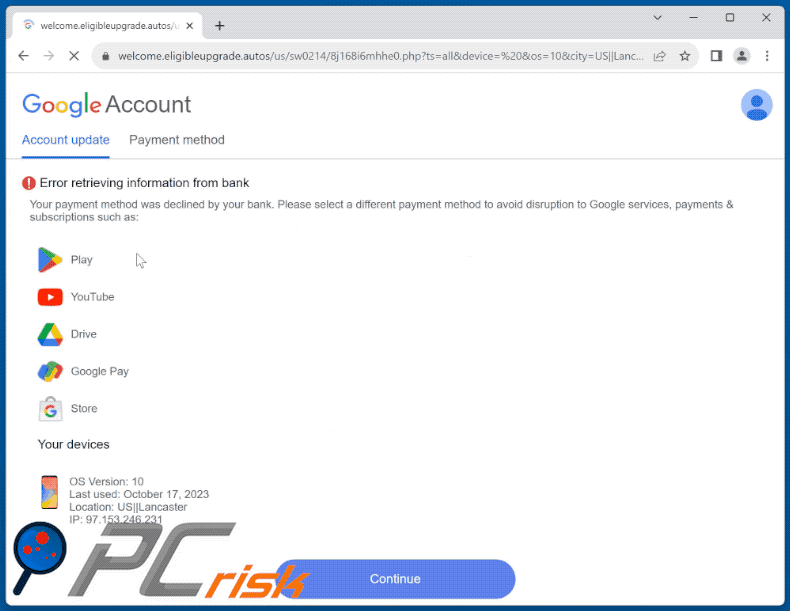 Apparence de l'arnaque Error Retrieving Information From Bank (GIF)