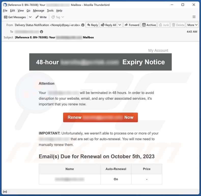 Expiry Notice campagne de spam par courrier électronique