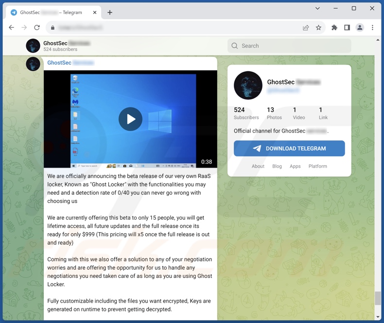 rançongiciel GhostLocker dont la promotion est faite sur Telegram