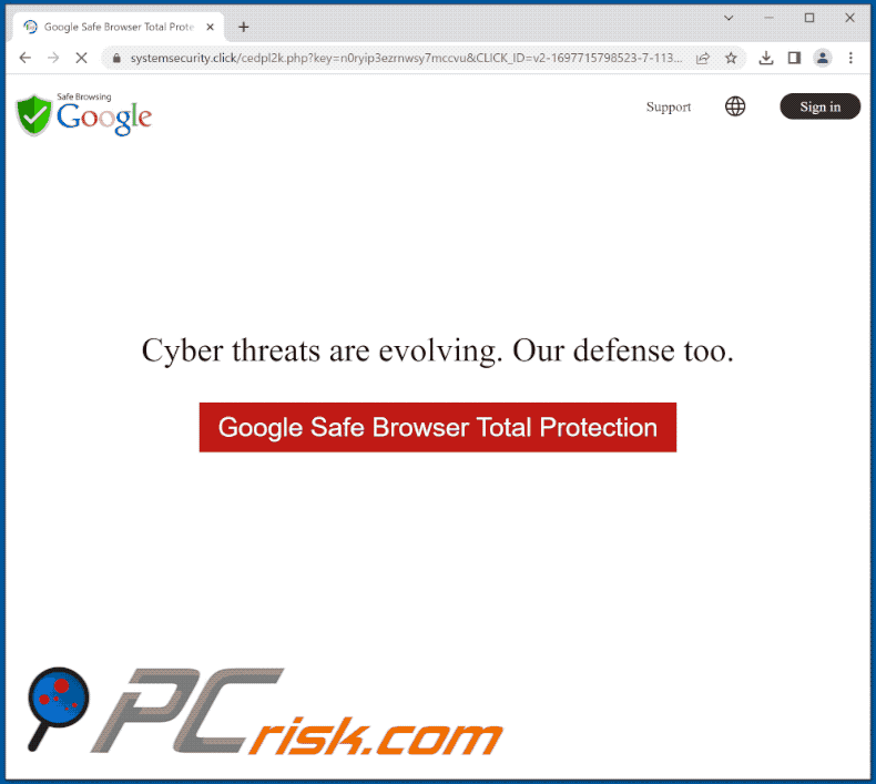 Apparence de l'arnaque Google Safe Browser Total Protection (GIF)