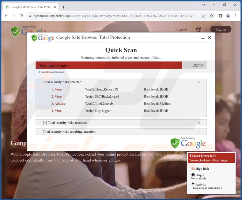 Google Safe Browser Total Protection scam (page d'arrière-plan)