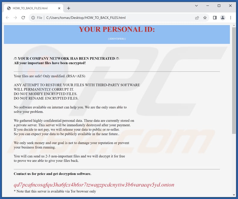 Hazard ransomware HTML file (HOW_TO_BACK_FILES.html)