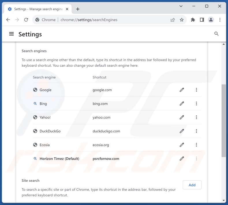 Suppression de psrcfornow.com du moteur de recherche par défaut de Google Chrome