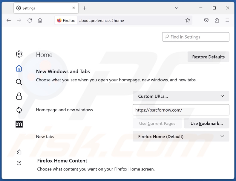 Suppression de psrcfornow.com de la page d'accueil de Mozilla Firefox
