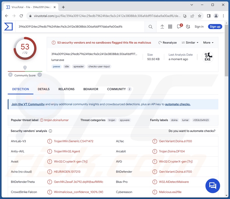 Lumar détections de logiciels malveillants sur VirusTotal