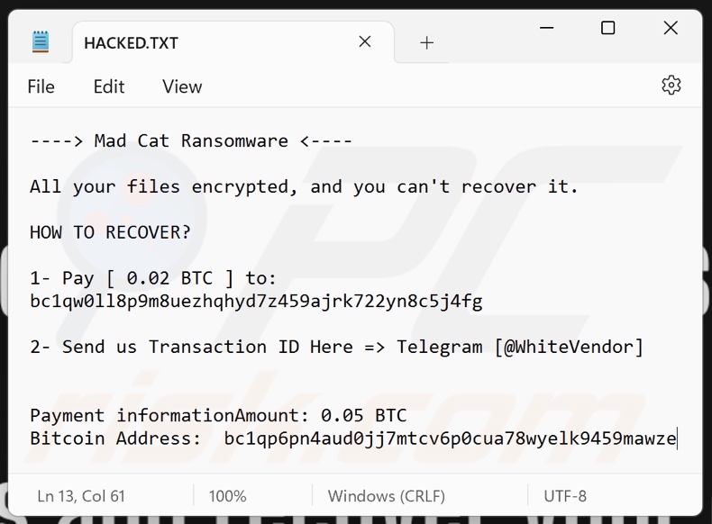 fichier texte du rançongiciel Mad Cat (HACKED.txt)