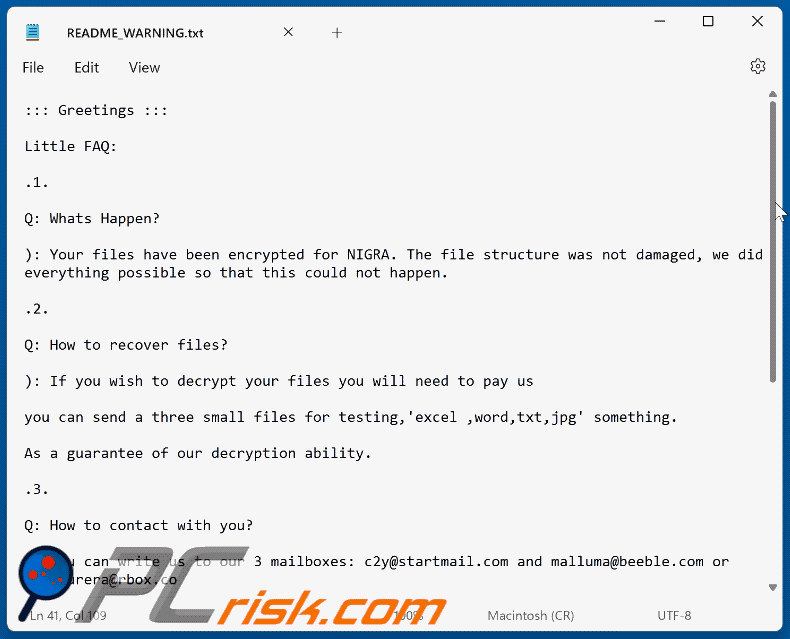 fichier texte du rançongiciel Nigra (README_WARNING.txt) GIF
