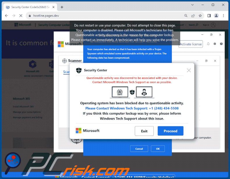Apparence de l'arnaque Operating System Blocked Due To Questionable Activity (GIF)