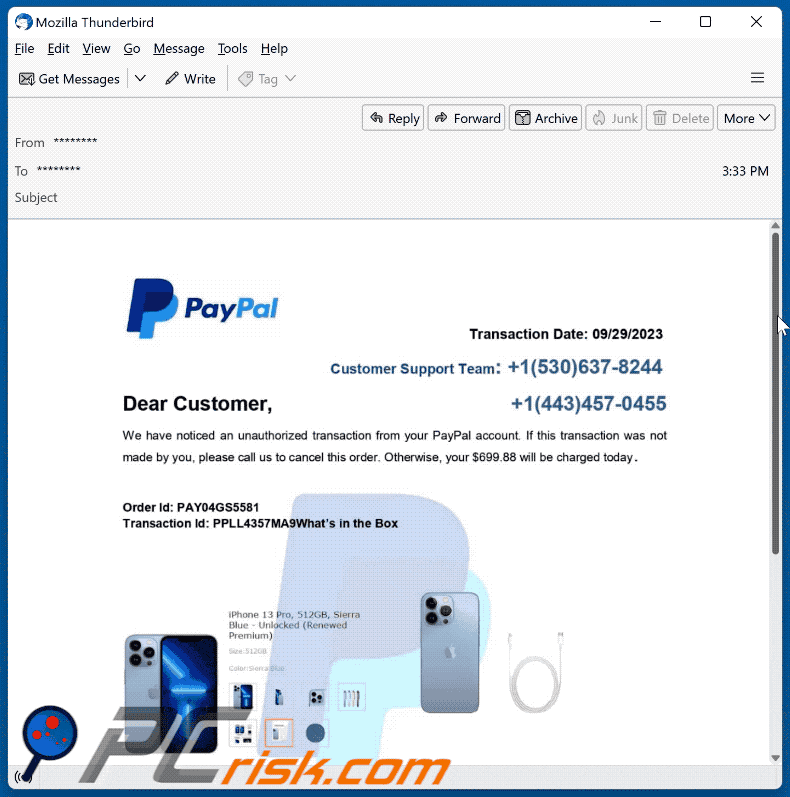 Apparence du courriel frauduleux PayPal - Unauthorized Transaction