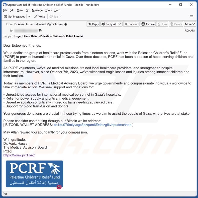 PCRF campagne de spam par courrier électronique