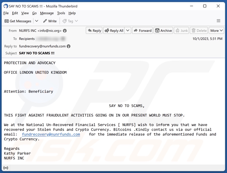 Recovered Stolen Funds And Crypto Currency campagne de spam par courrier électronique