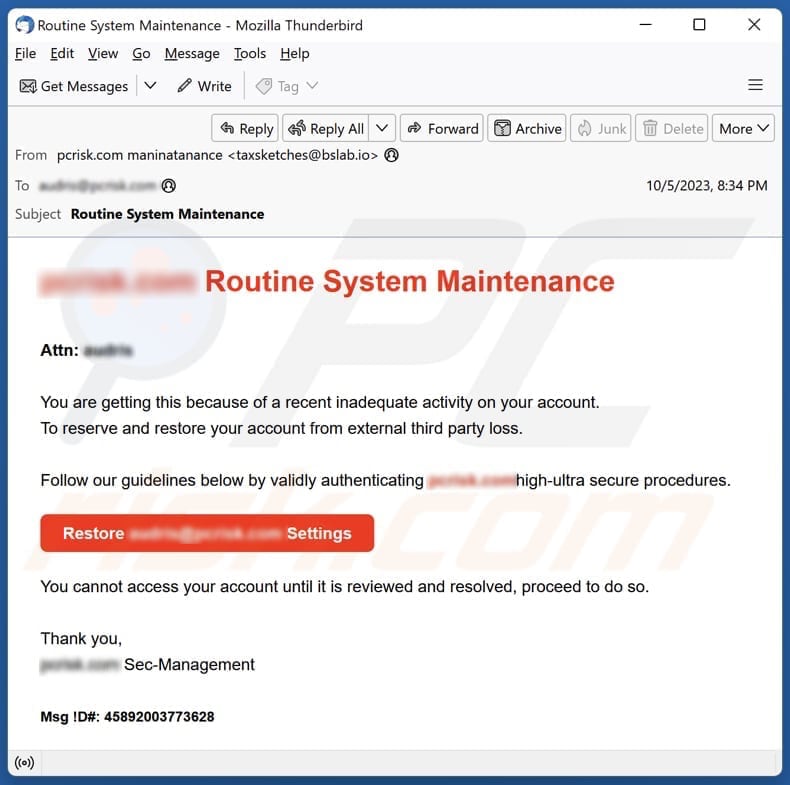 Routine System Maintenance campagne de spam par courrier électronique