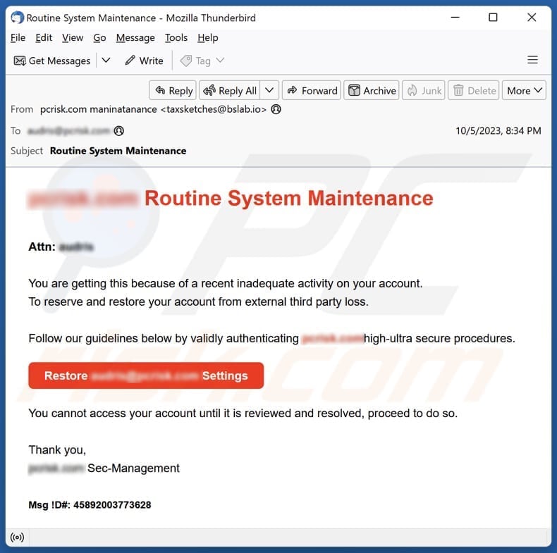 Routine System Maintenance campagne de spam par courrier électronique