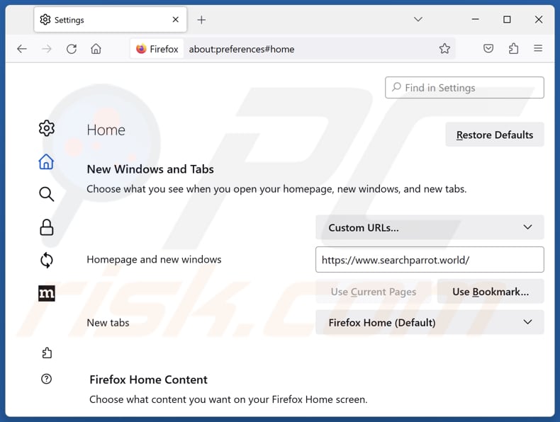 Suppression de searchparrot.world de la page d'accueil de Mozilla Firefox