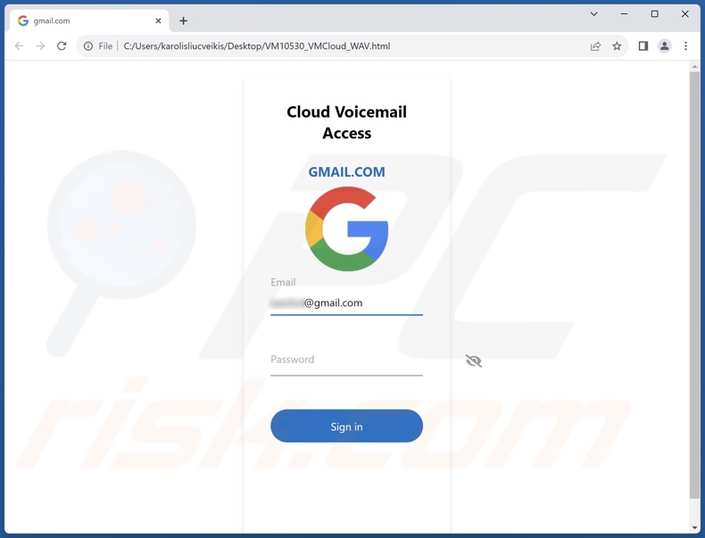 Voicemail Message Received fichier de phishing promu par courrier électronique frauduleux (VM10530_VMCloud_WAV.html)