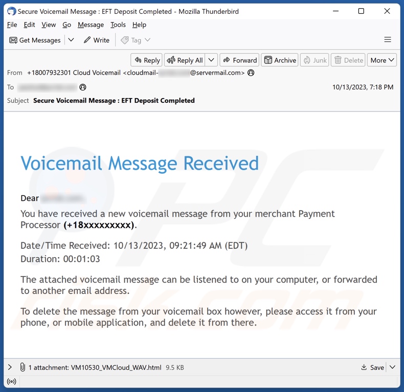 Voicemail Message Received campagne de spam par courrier électronique