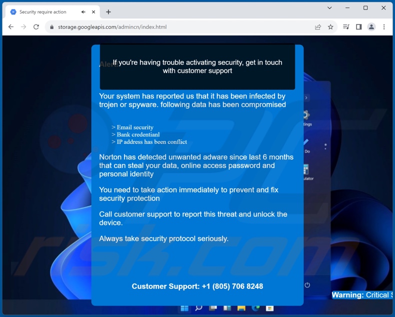 Second pop-up displayed by Your Security Is Not Up-To-Date scam