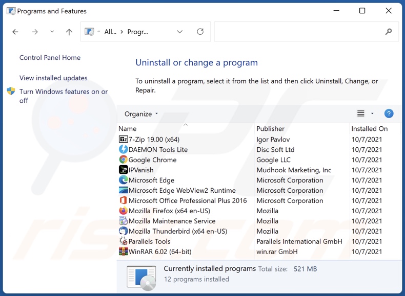 Désinstallation d'une application piratant le navigateur via le panneau de configuration