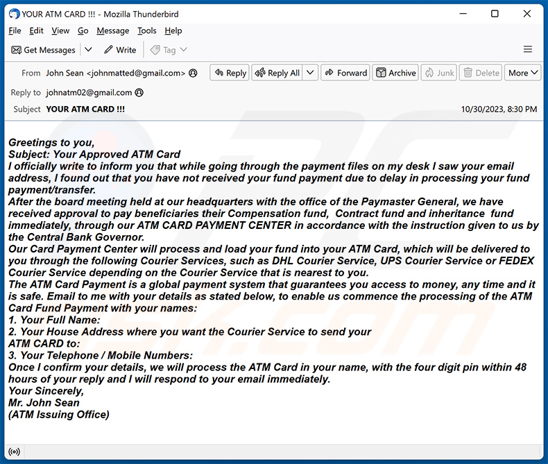 ATM Card Escroquerie par courriel (2023-11-08)