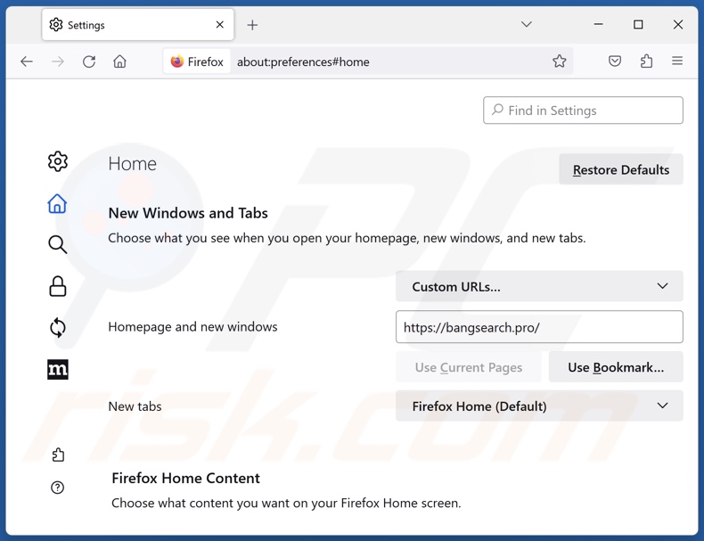 Suppression de bangsearch.pro de la page d'accueil de Mozilla Firefox